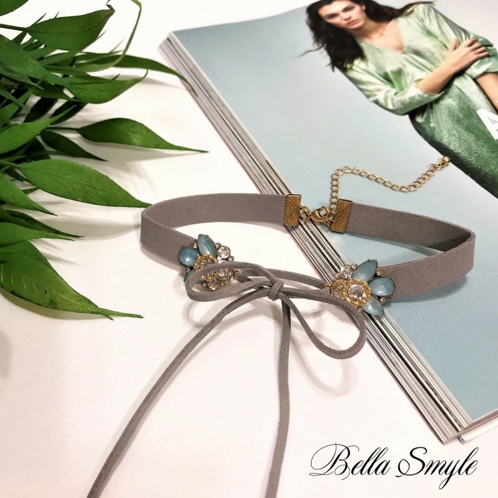 Classy Choker Blue Gems Bow Tie Suede Necklace